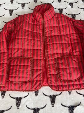 Red Brown Striped Quilted Puffer Jacket Patch Pockets Size M